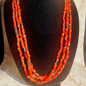 RARE vintage Native American Coral and Silver beaded necklace.